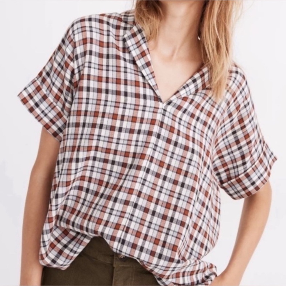 Madewell Hayden Popover Top Burling Plaid Size M Short Sleeve Collared Flannel